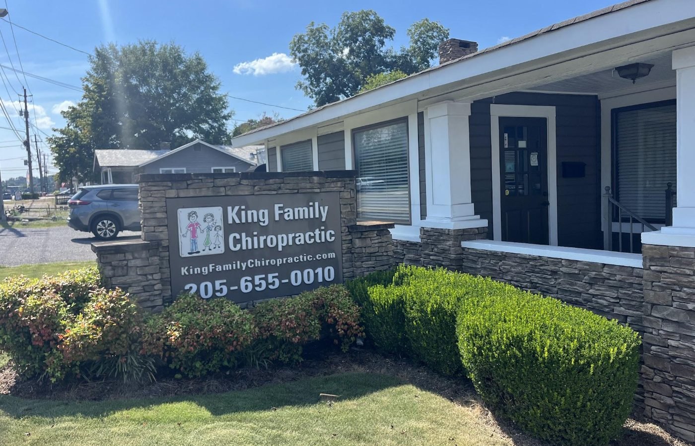 Entrance and sign at King Family Chiropractic, 402 Main St, Trussville, Alabama